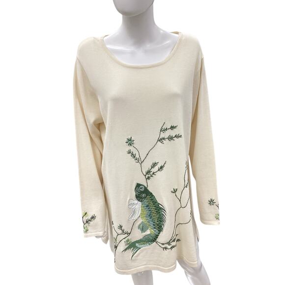 Storybook Knits Sweater Women SZ 2X Knit Embroidery Beads Fish Motif Ivory&Green - Picture 1 of 5